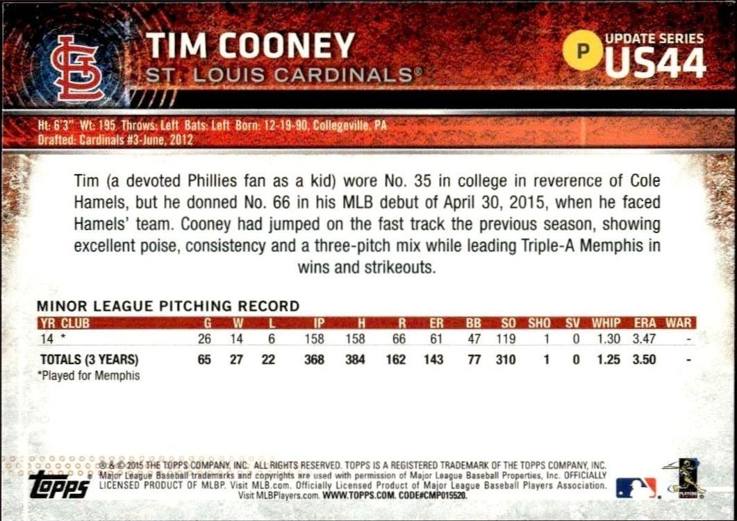 2015 Topps Update Series Tim Cooney #US44 baseball trading card back