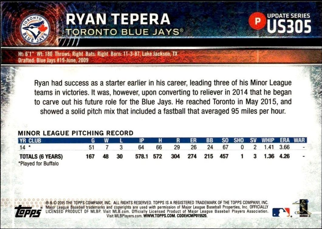 2015 Topps Update Series Ryan Tepera #US305 baseball trading card back