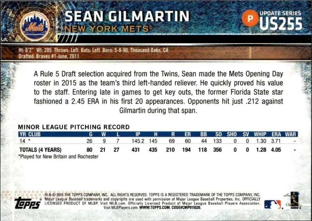 2015 Topps Update Series Sean Gilmartin #US255 baseball trading card back