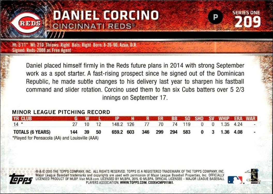 2015 Topps Daniel Corcino #209 baseball trading card back