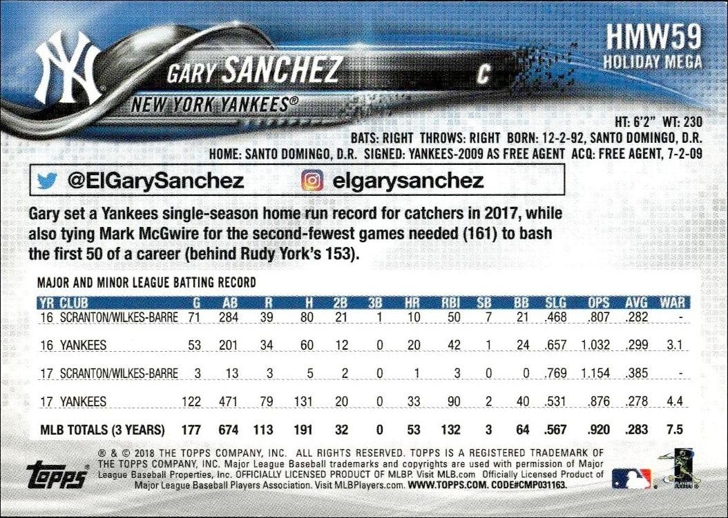 2018 Topps Holiday Gary Sanchez #HMW59 baseball trading card back