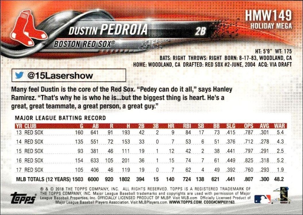 2018 Topps Holiday Dustin Pedroia #HMW149 baseball trading card back