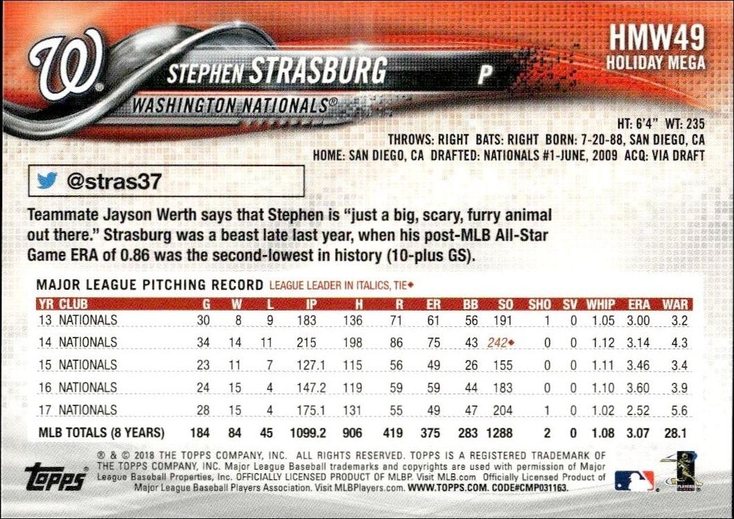 2018 Topps Holiday Stephen Strasburg #HMW49 baseball trading card back