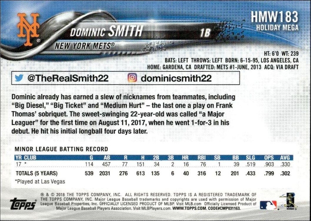 2018 Topps Holiday Dominic Smith #HMW183 baseball trading card back