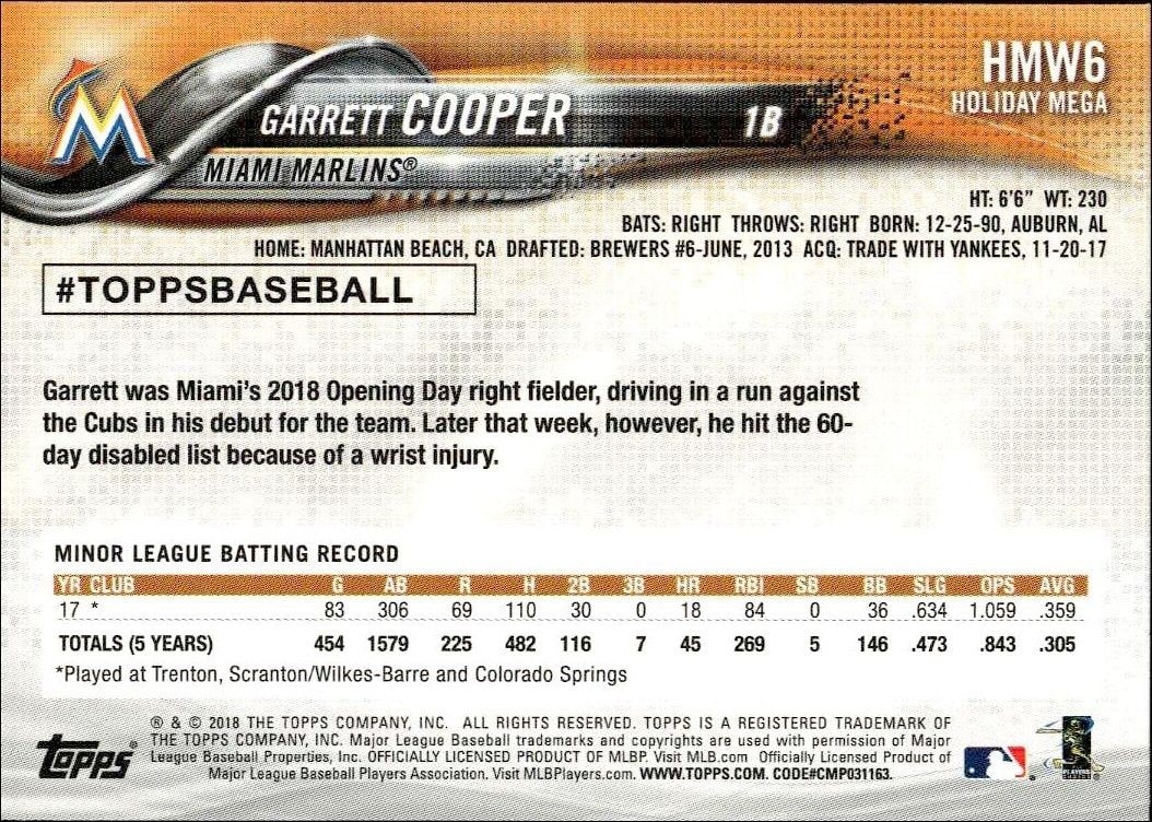 2018 Topps Holiday Garrett Cooper #HMW6 baseball trading card back
