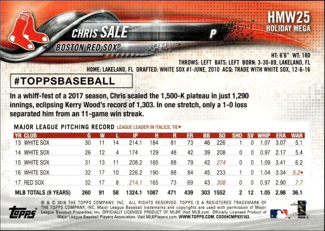 2018 Topps Holiday Chris Sale #HMW25 baseball trading card back
