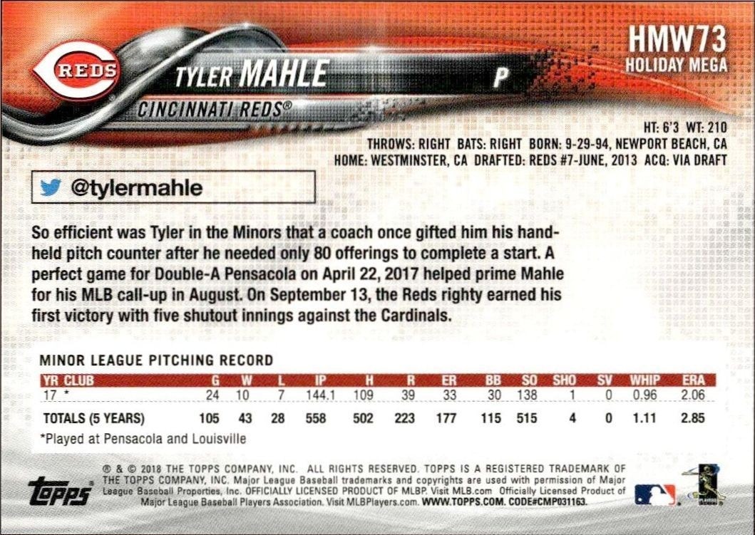 2018 Topps Holiday Tyler Mahle #HMW73 baseball trading card back