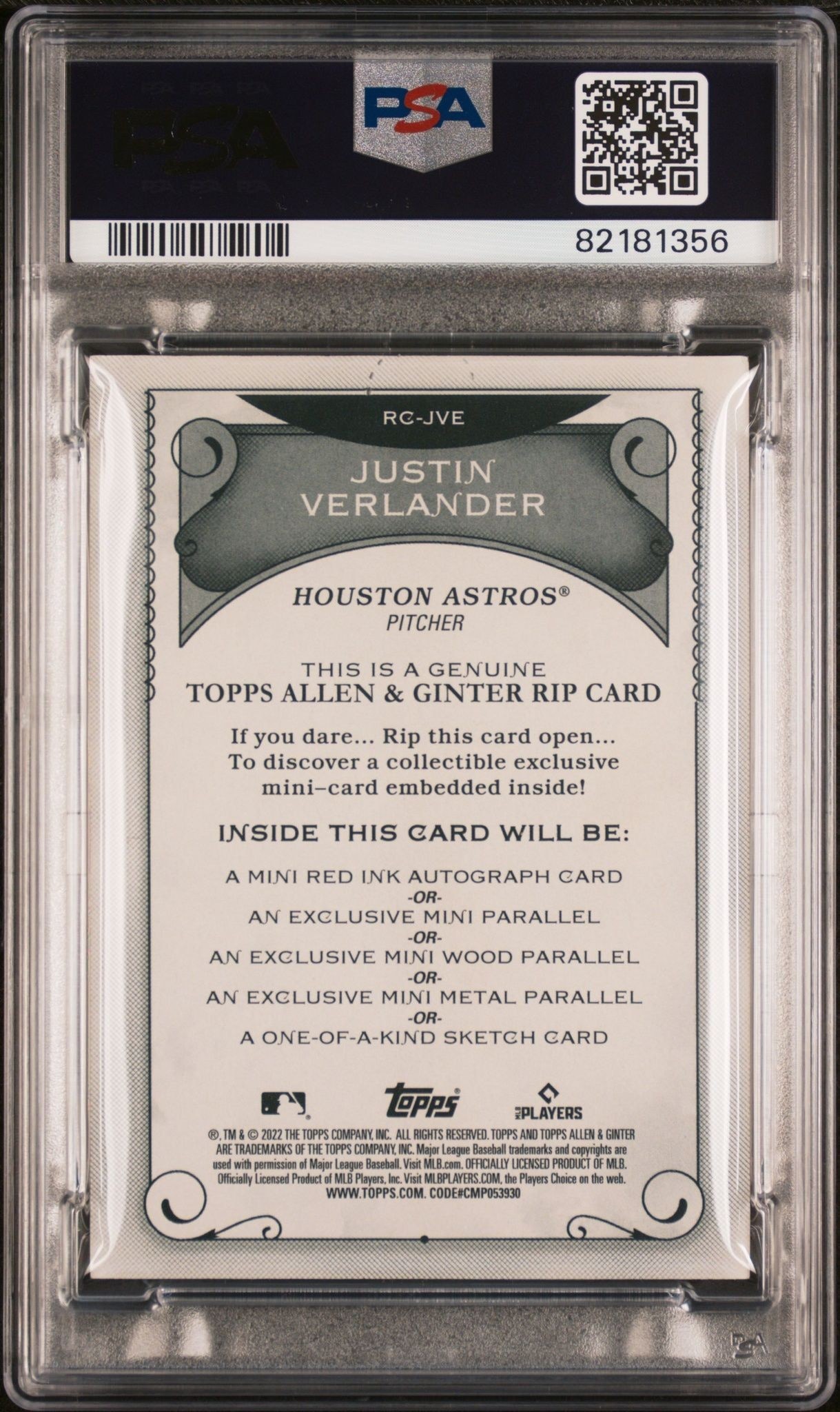 2022 Topps Allen & Ginter Justin Verlander #RC-JVE baseball trading card back