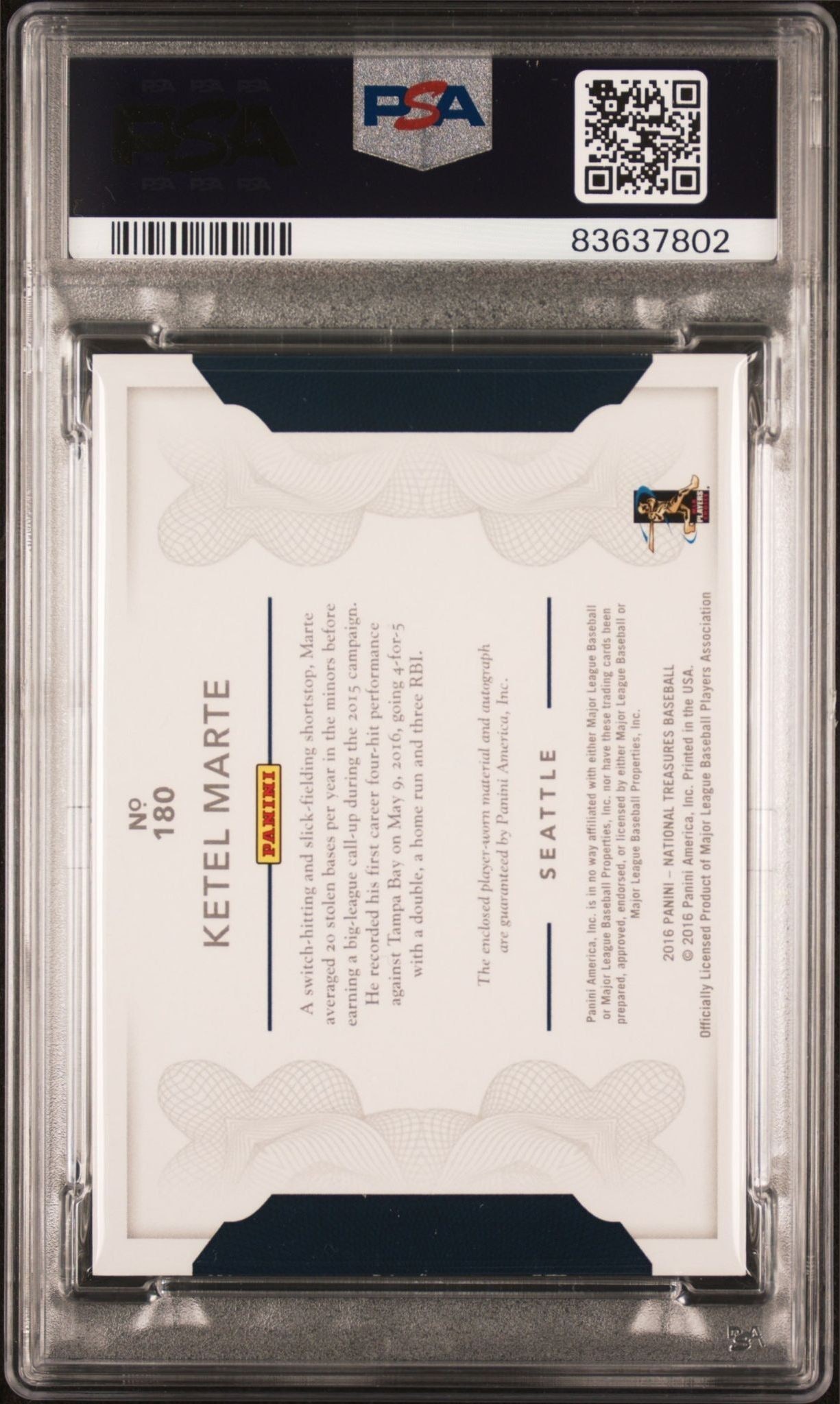 2016 Panini National Treasures Ketel Marte #180 baseball trading card back