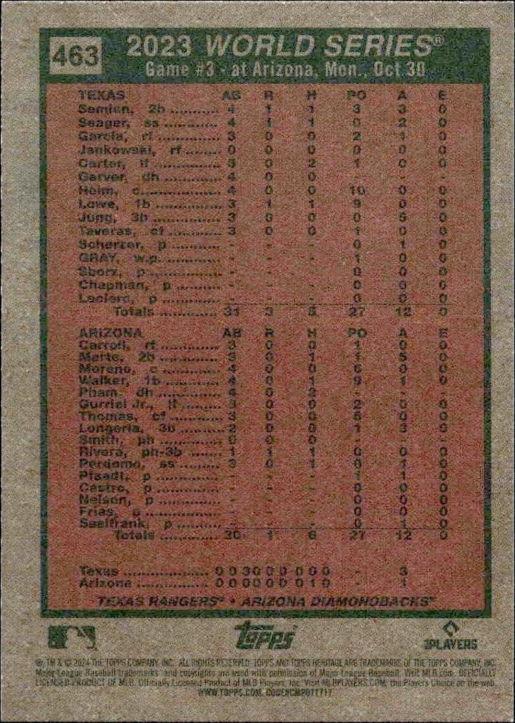 2024 Topps Heritage World Series 2023: Game 3 #463 baseball trading card back