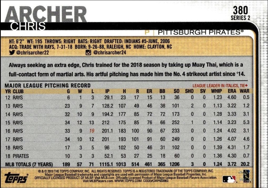 2019 Topps Series 2 Chris Archer #380 baseball trading card back