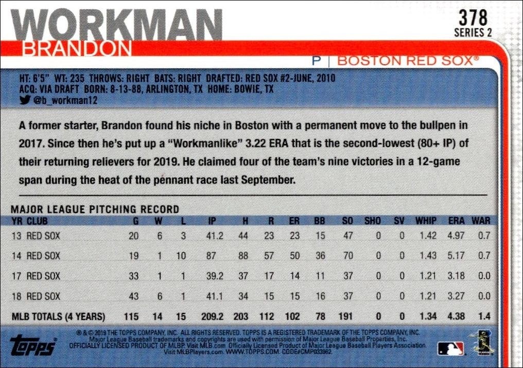 2019 Topps Series 2 Brandon Workman #378 baseball trading card back