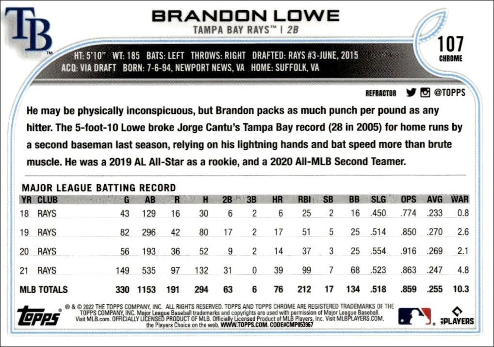 2022 Topps Chrome Brandon Lowe #107 baseball trading card back