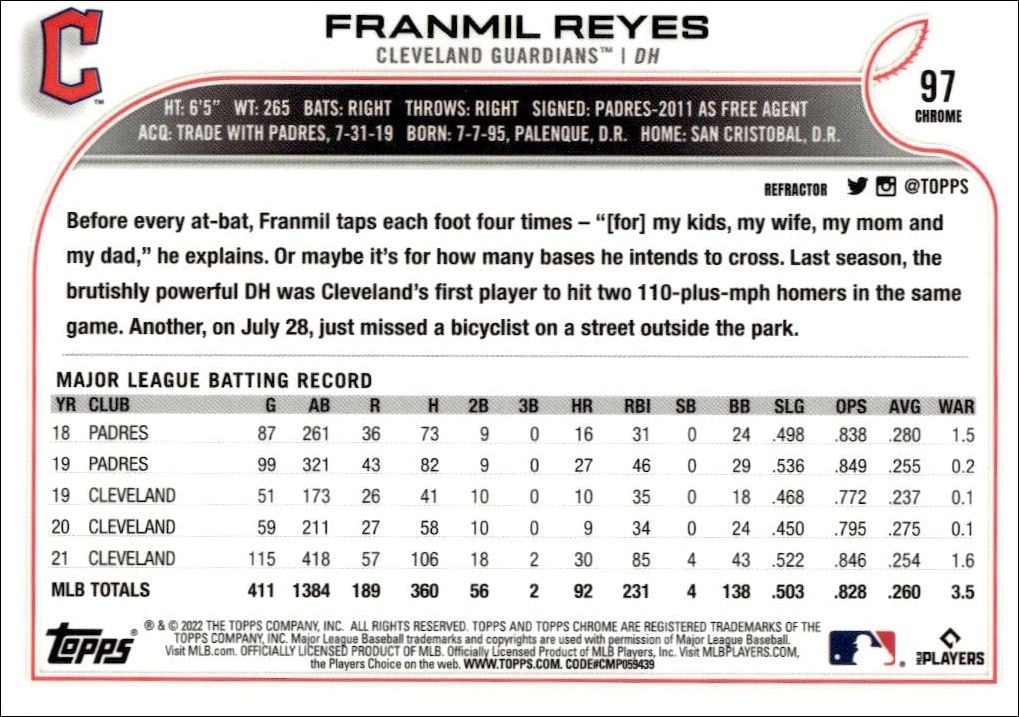 2022 Topps Chrome Franmil Reyes #97 baseball trading card back