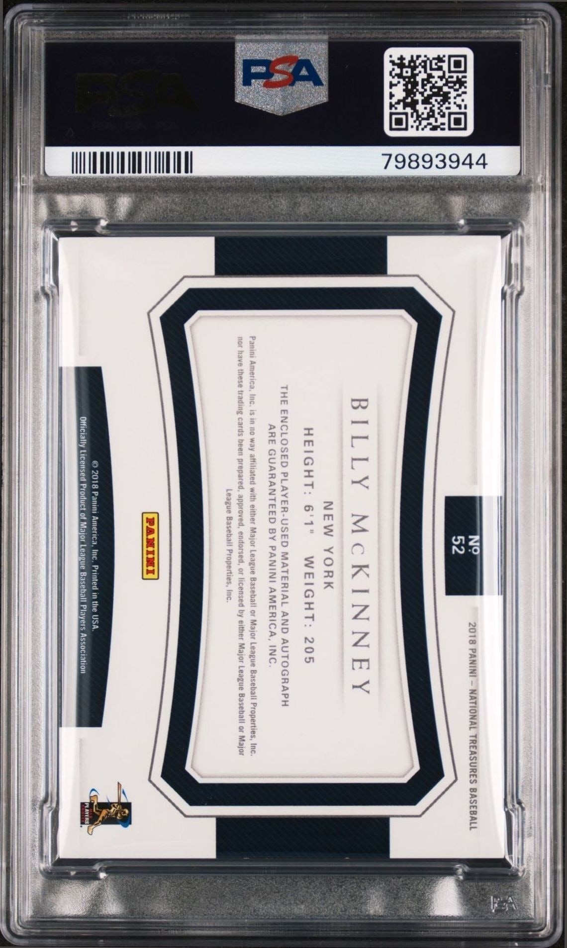 2018 Panini National Treasures Billy McKinney #52 baseball trading card back