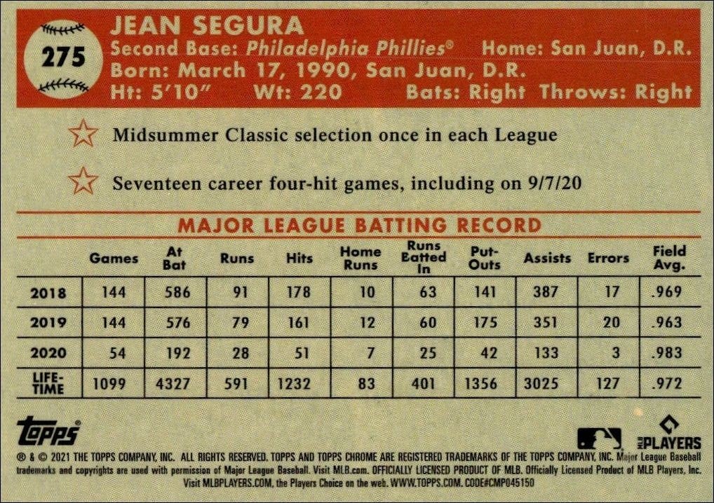 2021 Topps Chrome Platinum Anniversary Jean Segura #275 baseball trading card back