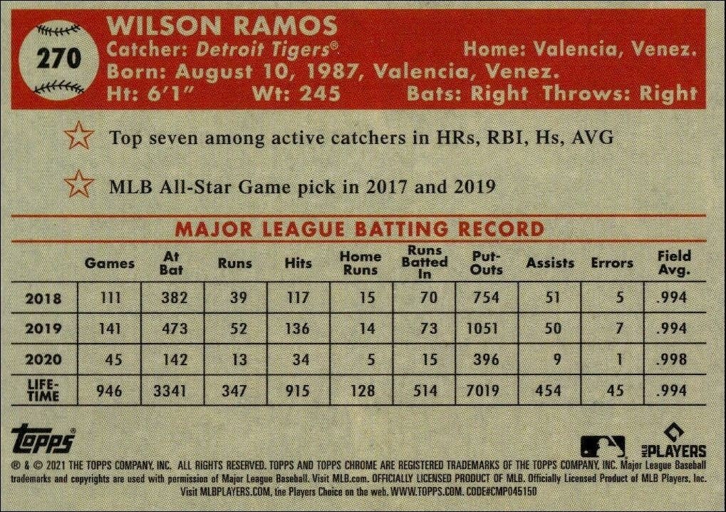 2021 Topps Chrome Platinum Anniversary Wilson Ramos #270 baseball trading card back