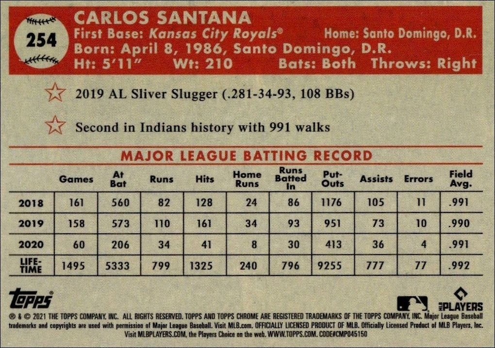 2021 Topps Chrome Platinum Anniversary Carlos Santana #254 baseball trading card back