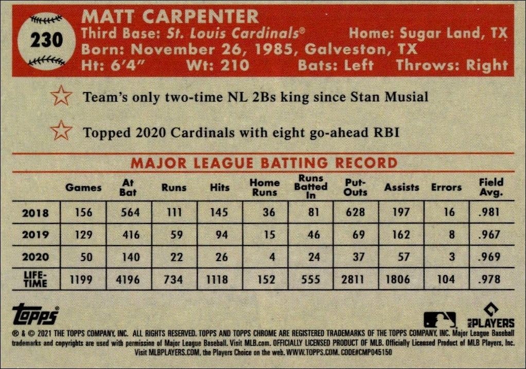 2021 Topps Chrome Platinum Anniversary Matt Carpenter #230 baseball trading card back