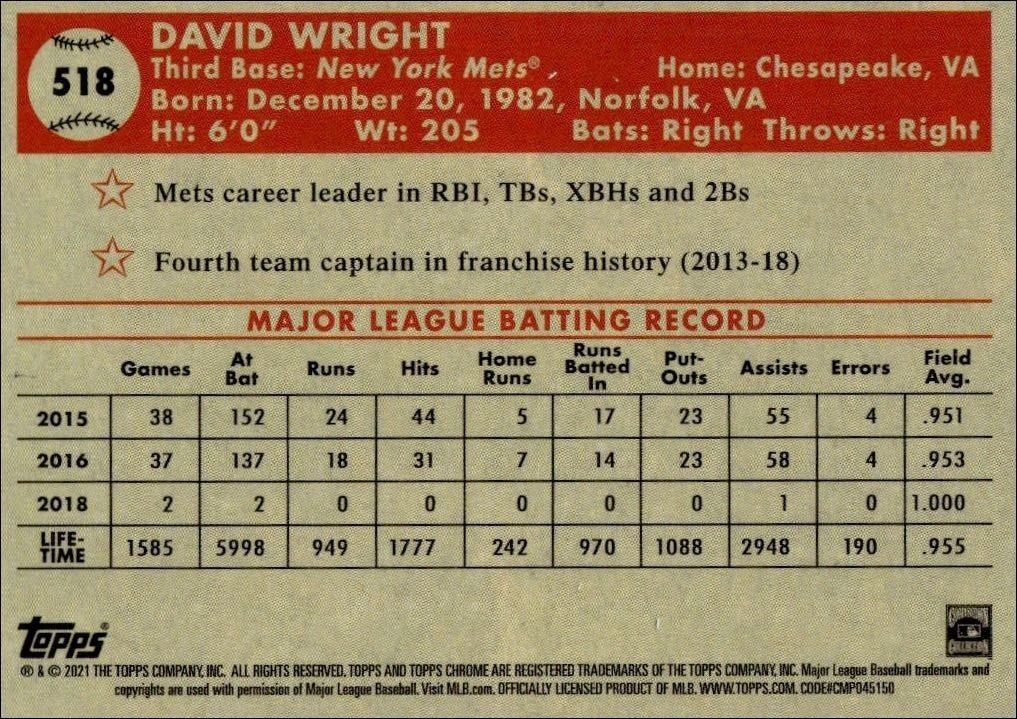 2021 Topps Chrome Platinum Anniversary David Wright #518 baseball trading card back