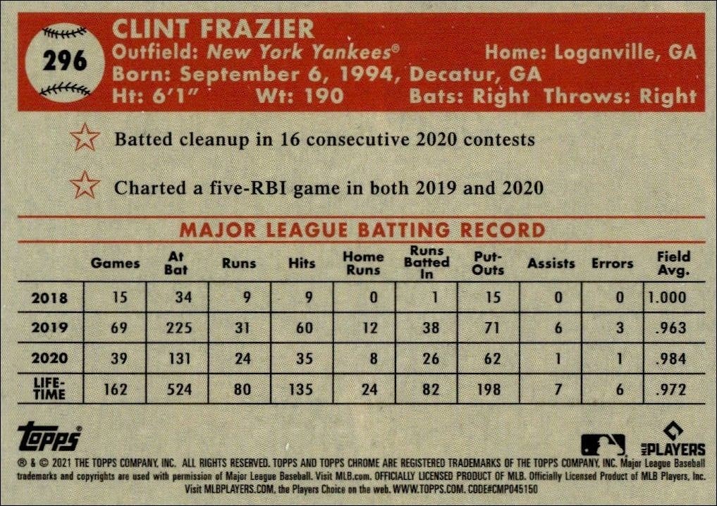 2021 Topps Chrome Platinum Anniversary Clint Frazier #296 baseball trading card back