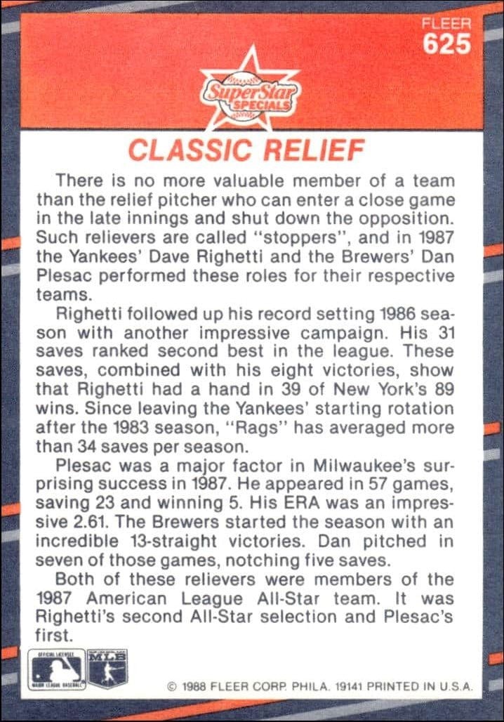 1988 Fleer Dave Righetti #625 baseball trading card back