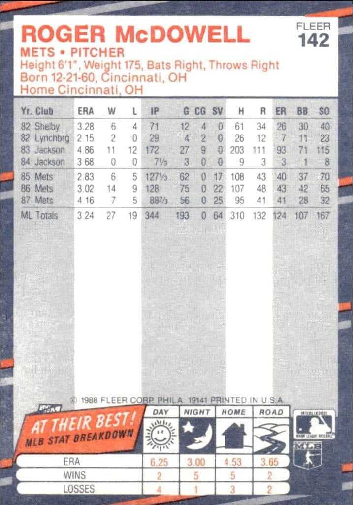 1988 Fleer Roger McDowell #142 baseball trading card back