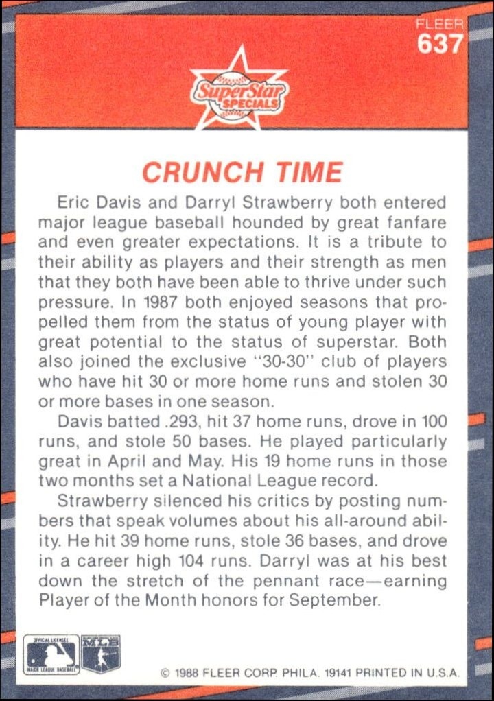1988 Fleer Darryl Strawberry #637 baseball trading card back