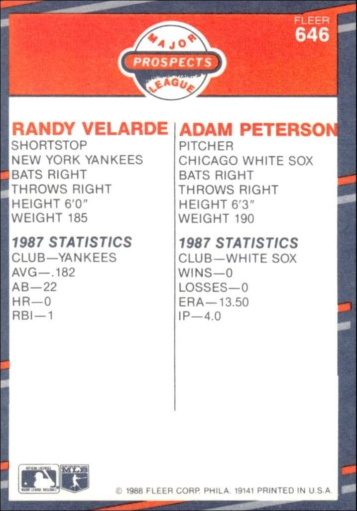 1988 Fleer Randy Velarde #646 baseball trading card back