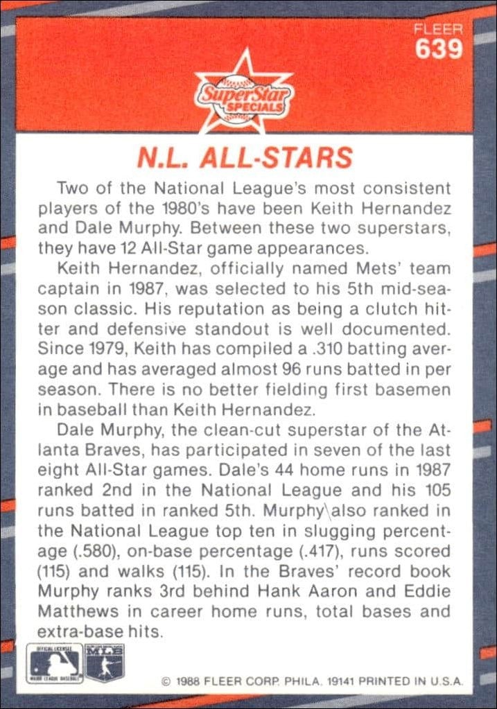 1988 Fleer Keith Hernandez #639 baseball trading card back