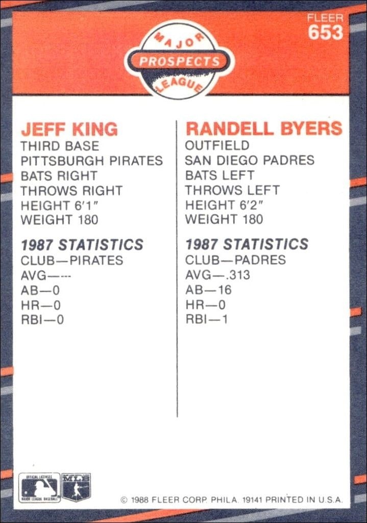 1988 Fleer Jeff King #653 baseball trading card back