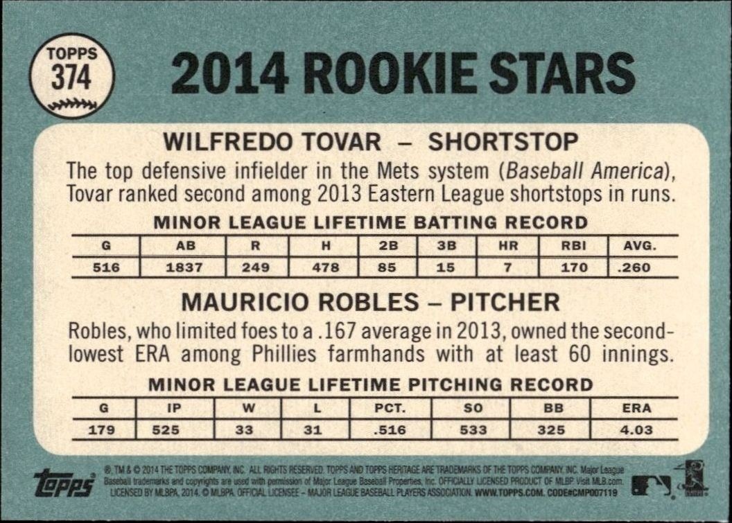 2014 Topps Heritage Wilfredo Tovar #374 baseball trading card back