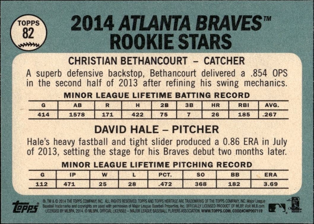 2014 Topps Heritage Christian Bethancourt #82 baseball trading card back