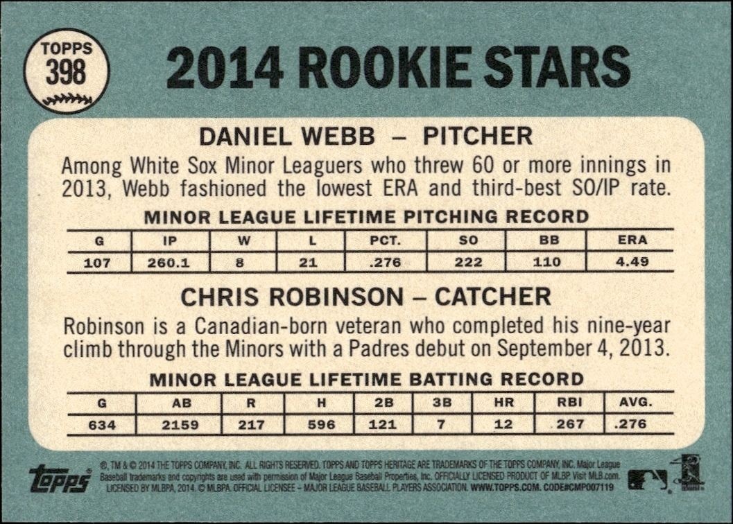 2014 Topps Heritage Daniel Webb #398 baseball trading card back
