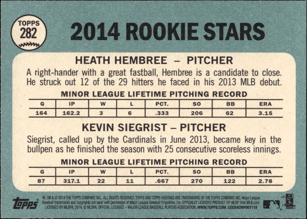 2014 Topps Heritage Kevin Siegrist #282 baseball trading card back