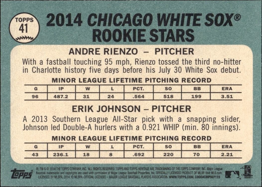 2014 Topps Heritage Andre Rienzo #41 baseball trading card back