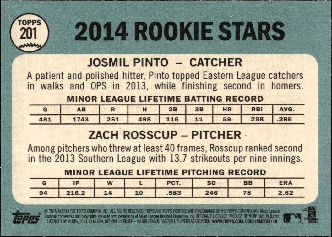 2014 Topps Heritage Zach Rosscup #201 baseball trading card back