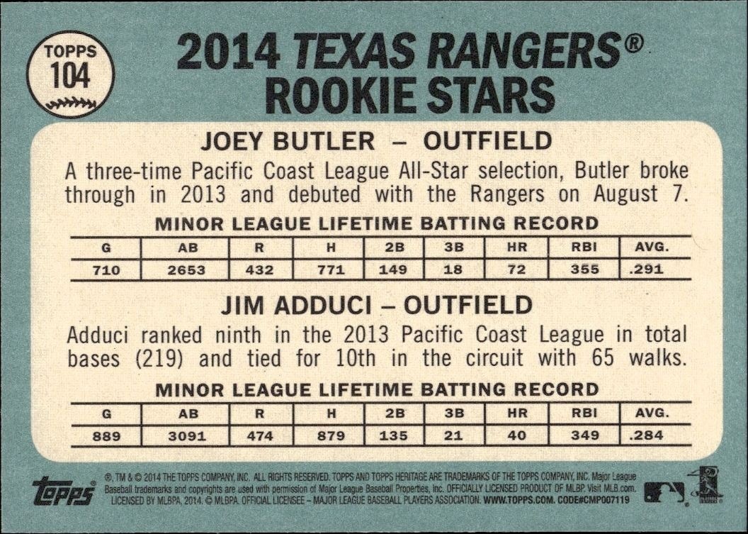 2014 Topps Heritage Joey Butler #104 baseball trading card back