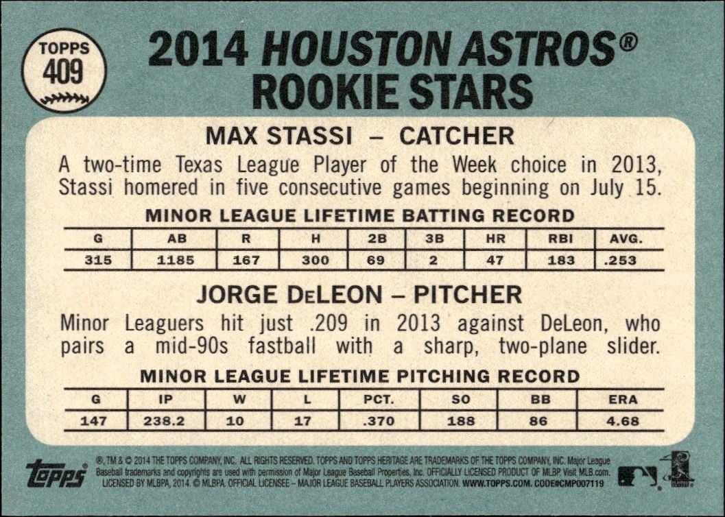 2014 Topps Heritage Jorge Deleon #409 baseball trading card back