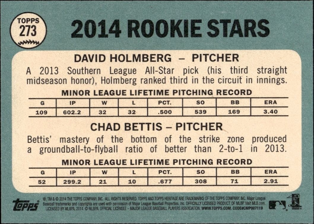 2014 Topps Heritage Chad Bettis #273 baseball trading card back