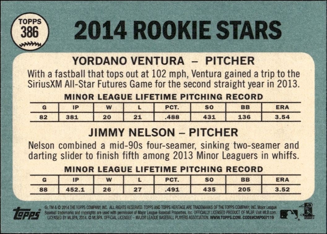 2014 Topps Heritage Yordano Ventura #386 baseball trading card back