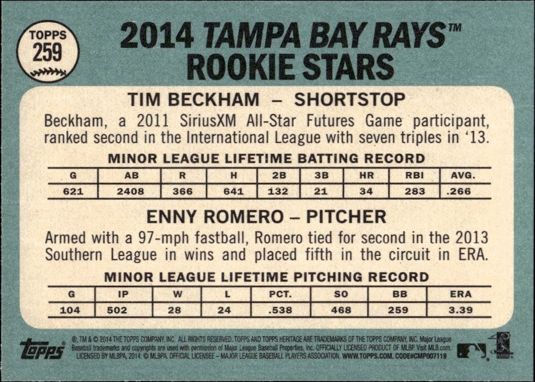 2014 Topps Heritage Tim Beckham #259 baseball trading card back