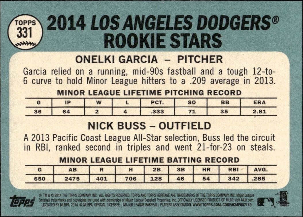2014 Topps Heritage Onelki Garcia #331 baseball trading card back