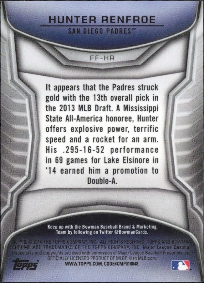 2013 Bowman Chrome Hunter Renfroe #FF-HR baseball trading card back