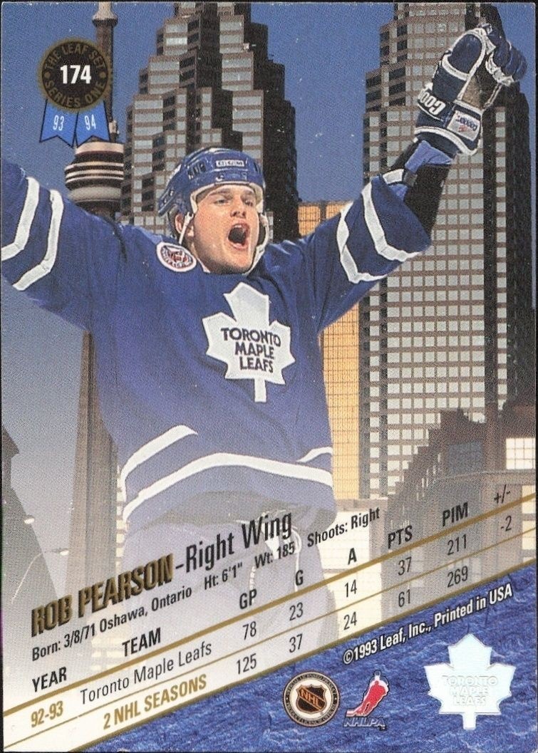 1993-94 Leaf Rob Pearson #174 hockey trading card back