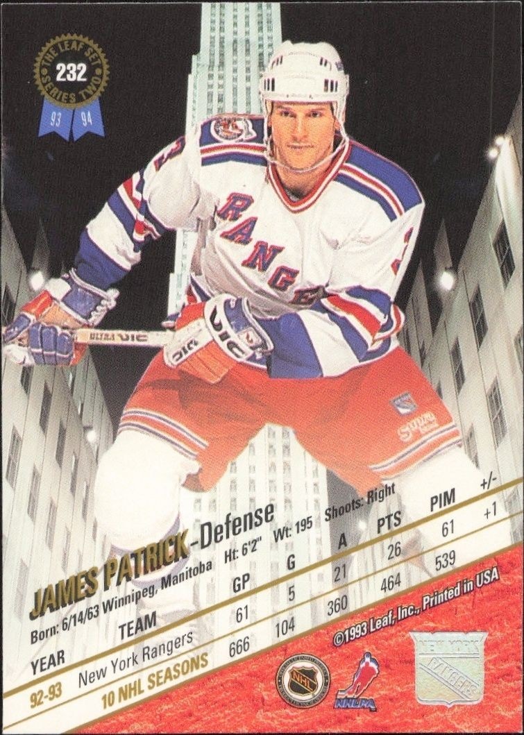 1993-94 Leaf Series 2 James Patrick #232 hockey trading card back