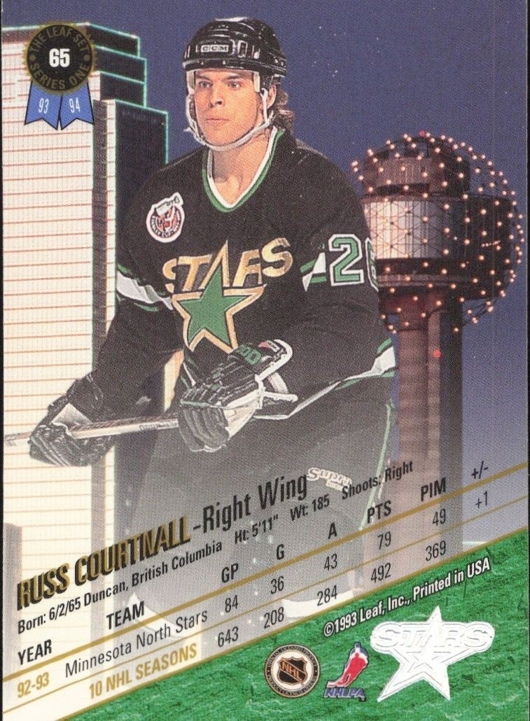 1993-94 Leaf Russ Courtnall #65 hockey trading card back