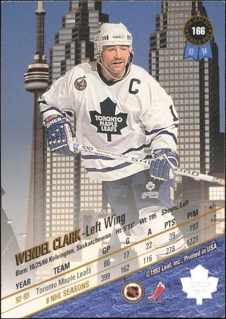 1993-94 Leaf Wendel Clark #166 hockey trading card back