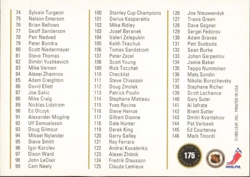 1993-94 Leaf Checklist #175 hockey trading card back