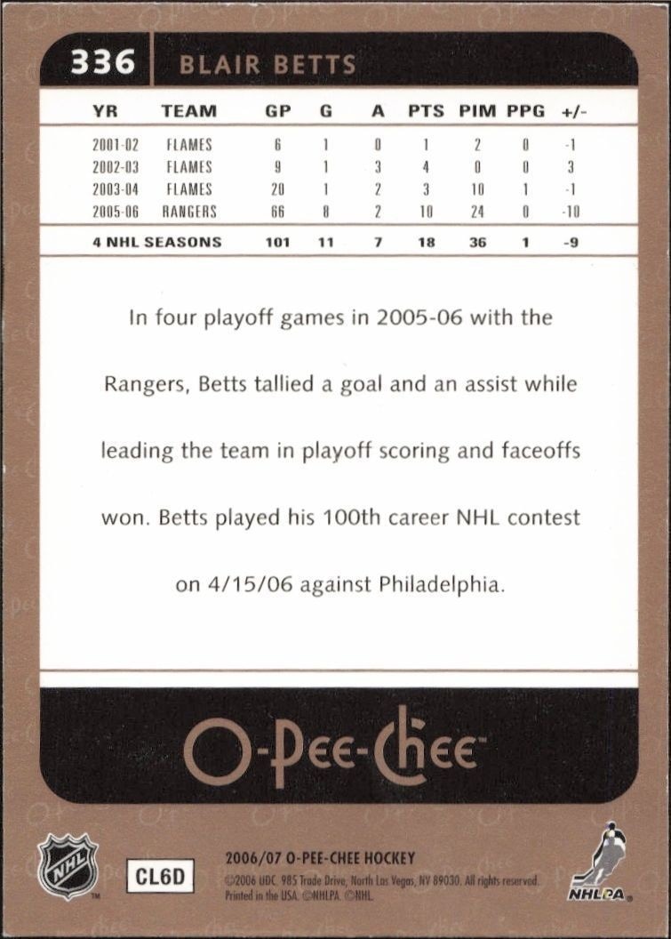 2006-07 O-Pee-Chee Blair Betts #336 hockey trading card back